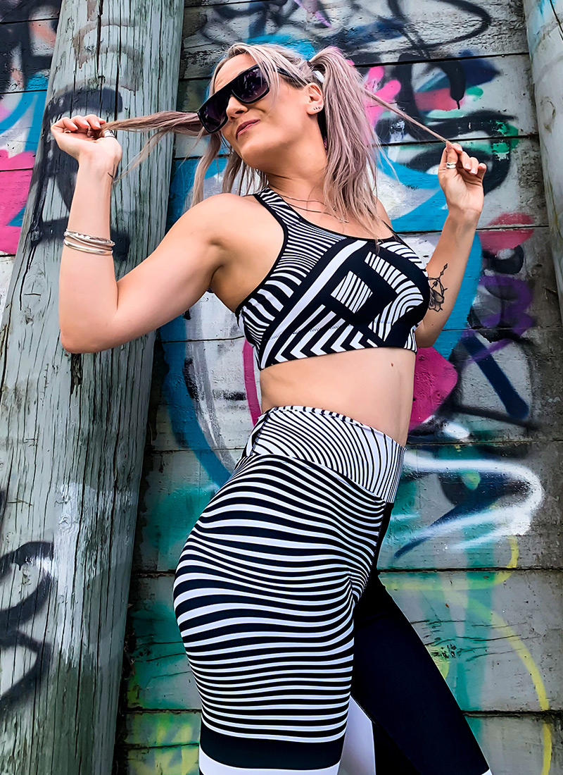 Female Model wearing black and white Zebra Yoga Leggings