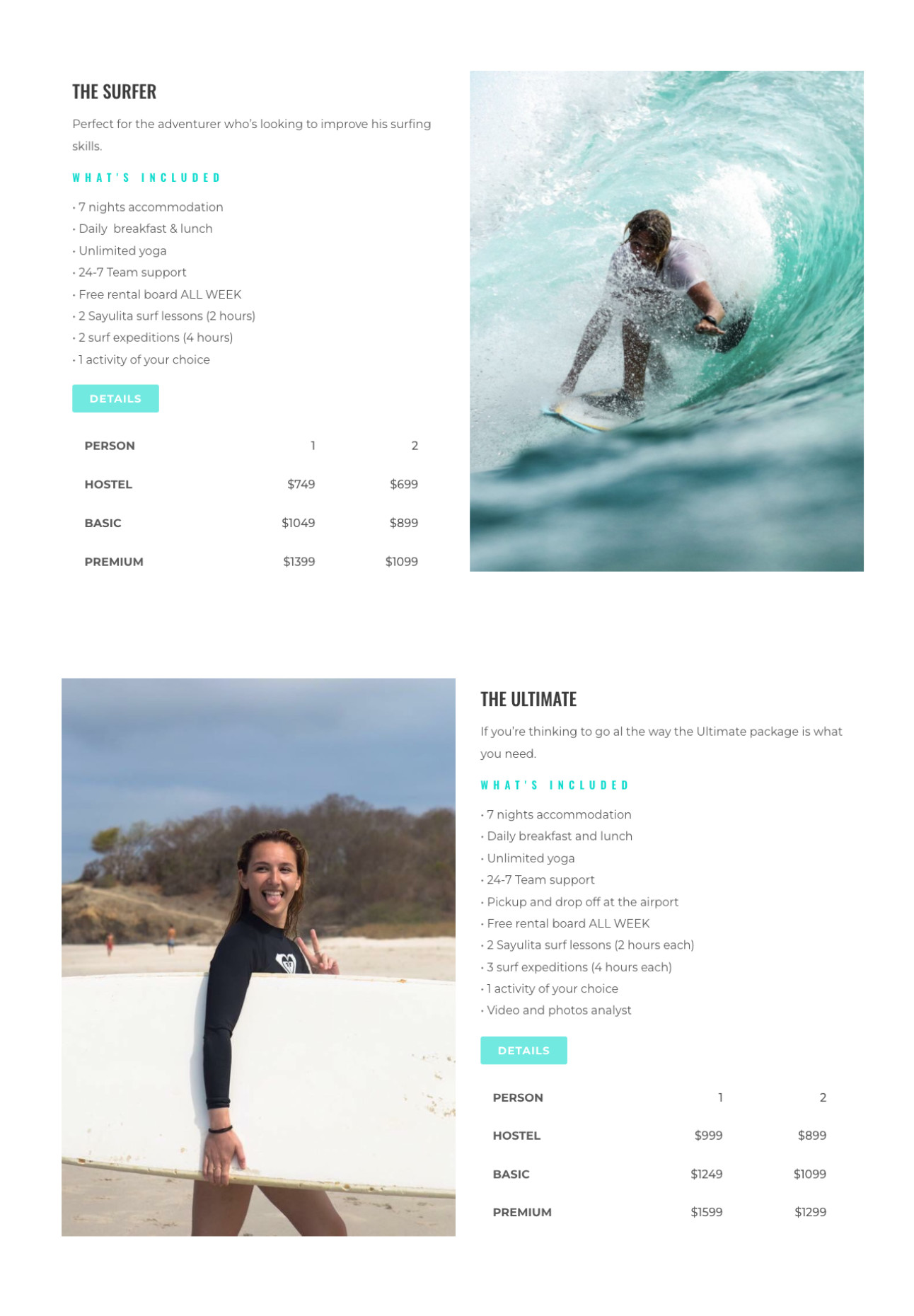 Sayulita surf camp website packages page
