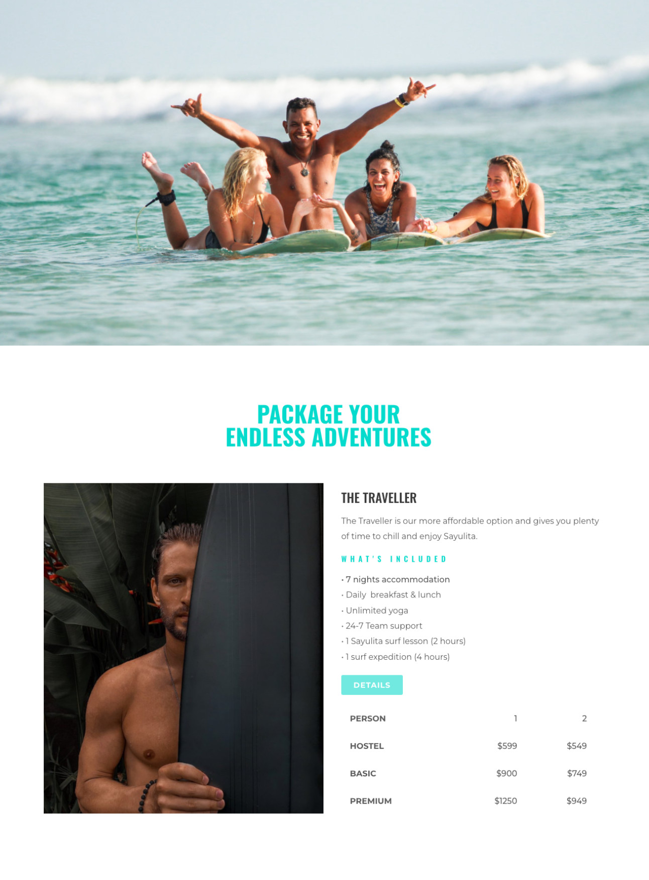 Sayulita surf camp website packages page