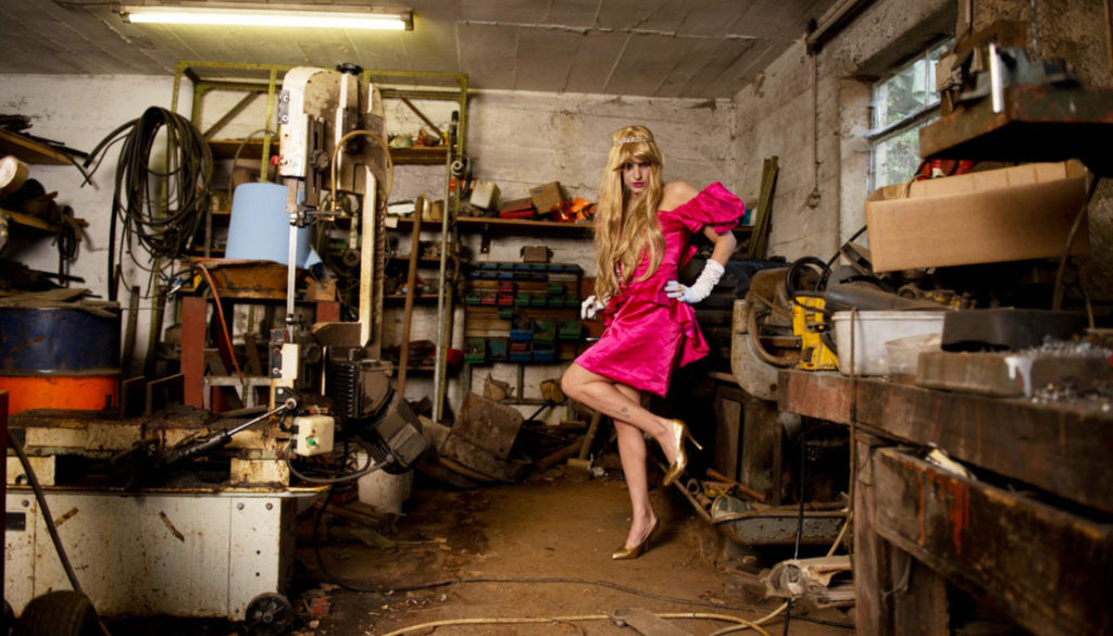 Sara Glaxia barbie dress photoshoot at the garage shop.